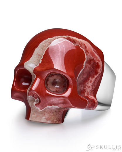 Skullis Signature Red Jasper Gem Skull Ring Hand Carved Sterling Silver for Women & Men Skull Rings