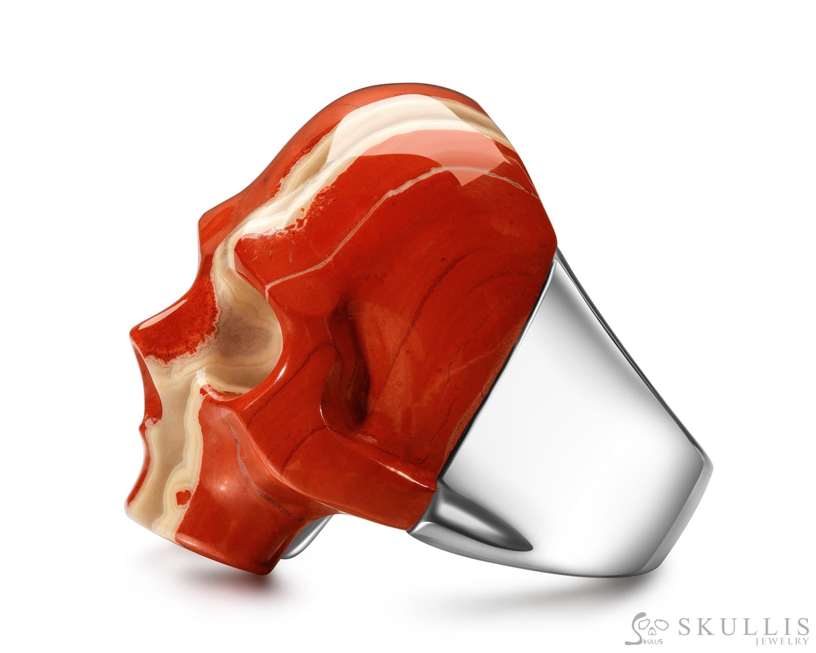 Skullis Signature Red Jasper Gem Skull Ring Hand Carved Sterling Silver for Women & Men Skull Rings