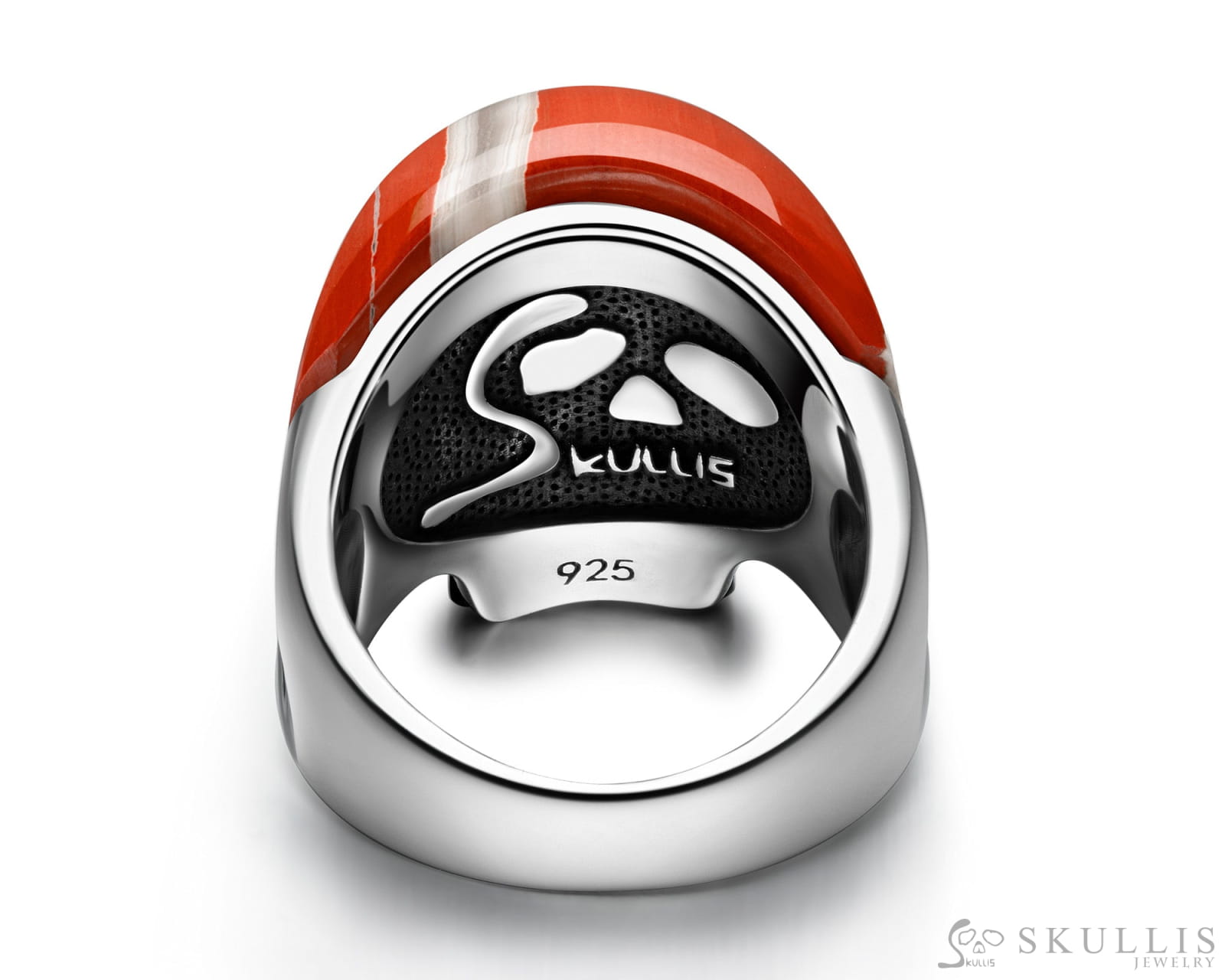Skullis Signature Red Jasper Gem Skull Ring Hand Carved Sterling Silver for Women & Men - Skull Rings