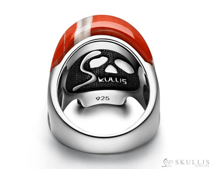 Skullis Signature Red Jasper Gem Skull Ring Hand Carved Sterling Silver for Women & Men - Skull Rings