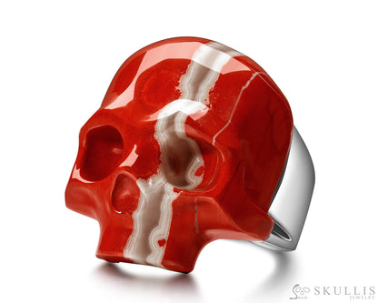 Skullis Signature Red Jasper Gem Skull Ring Hand Carved Sterling Silver for Women & Men - Skull Rings