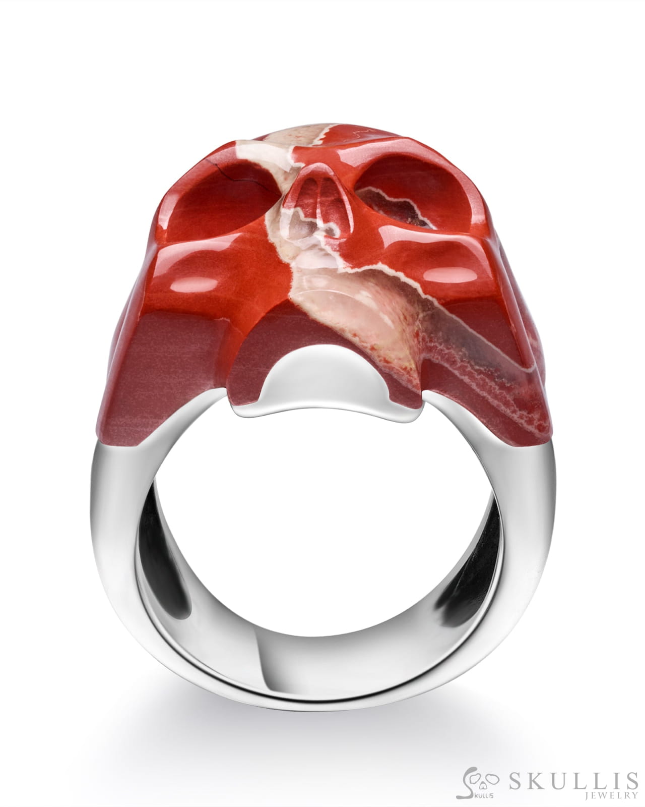 Skullis Signature Red Jasper Gem Skull Ring Hand Carved Sterling Silver For Women & Men Rings