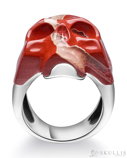 Skullis Signature Red Jasper Gem Skull Ring Hand Carved Sterling Silver for Women & Men Skull Rings