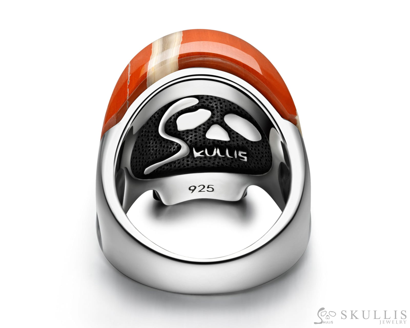 Skullis Signature Red Jasper Gem Skull Ring Hand Carved Sterling Silver for Women & Men Skull Rings