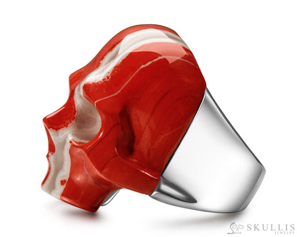 Skullis Signature Red Jasper Gem Skull Ring Hand Carved Sterling Silver for Women & Men - Skull Rings