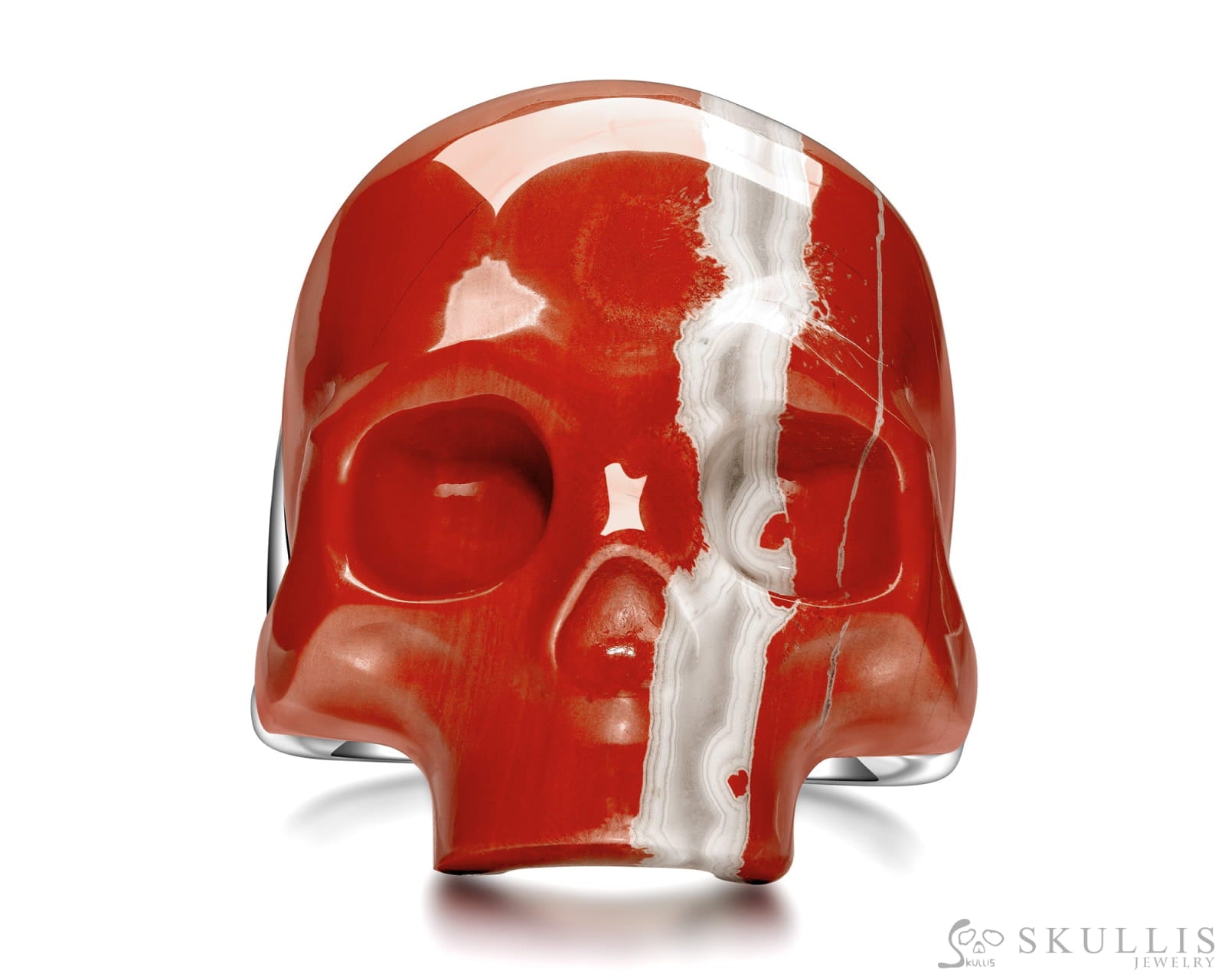 Skullis Signature Red Jasper Gem Skull Ring Hand Carved Sterling Silver for Women & Men - Skull Rings