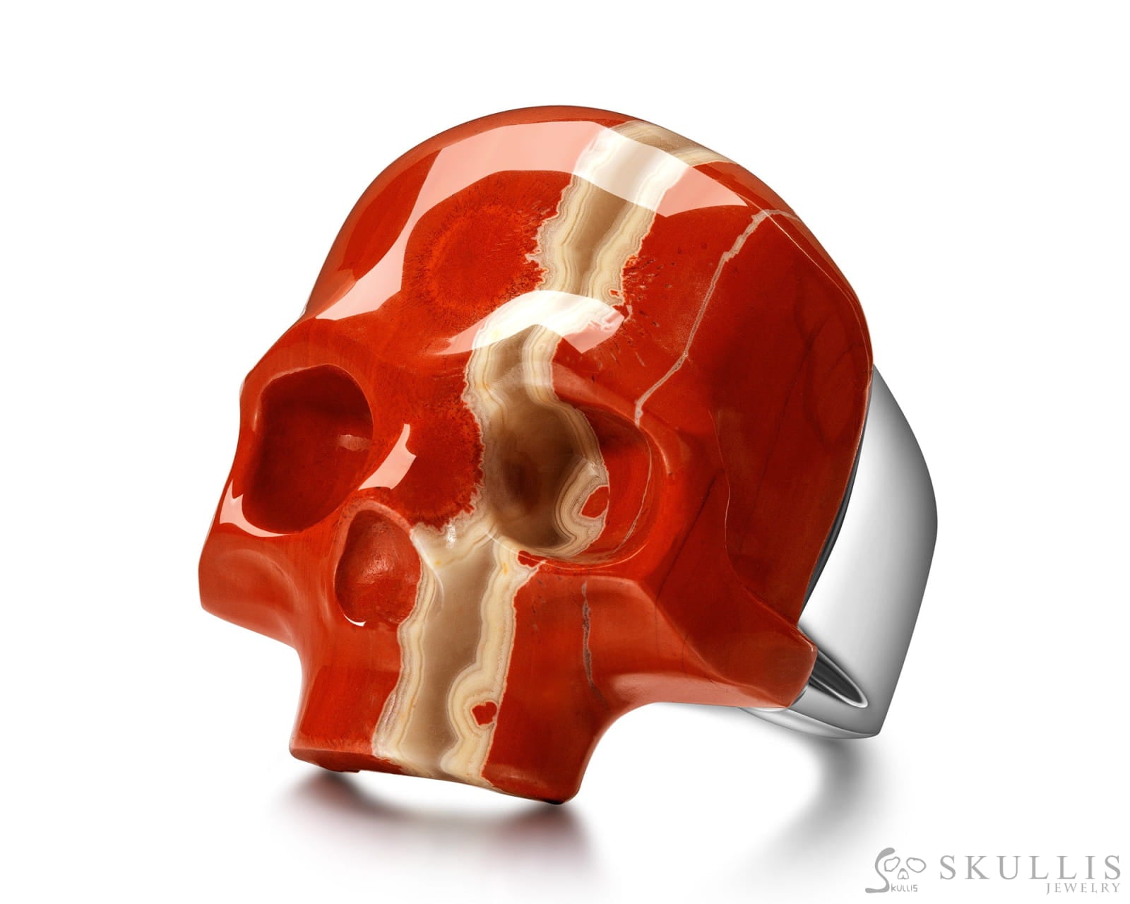 Skullis Signature Red Jasper Gem Skull Ring Hand Carved Sterling Silver for Women & Men Skull Rings