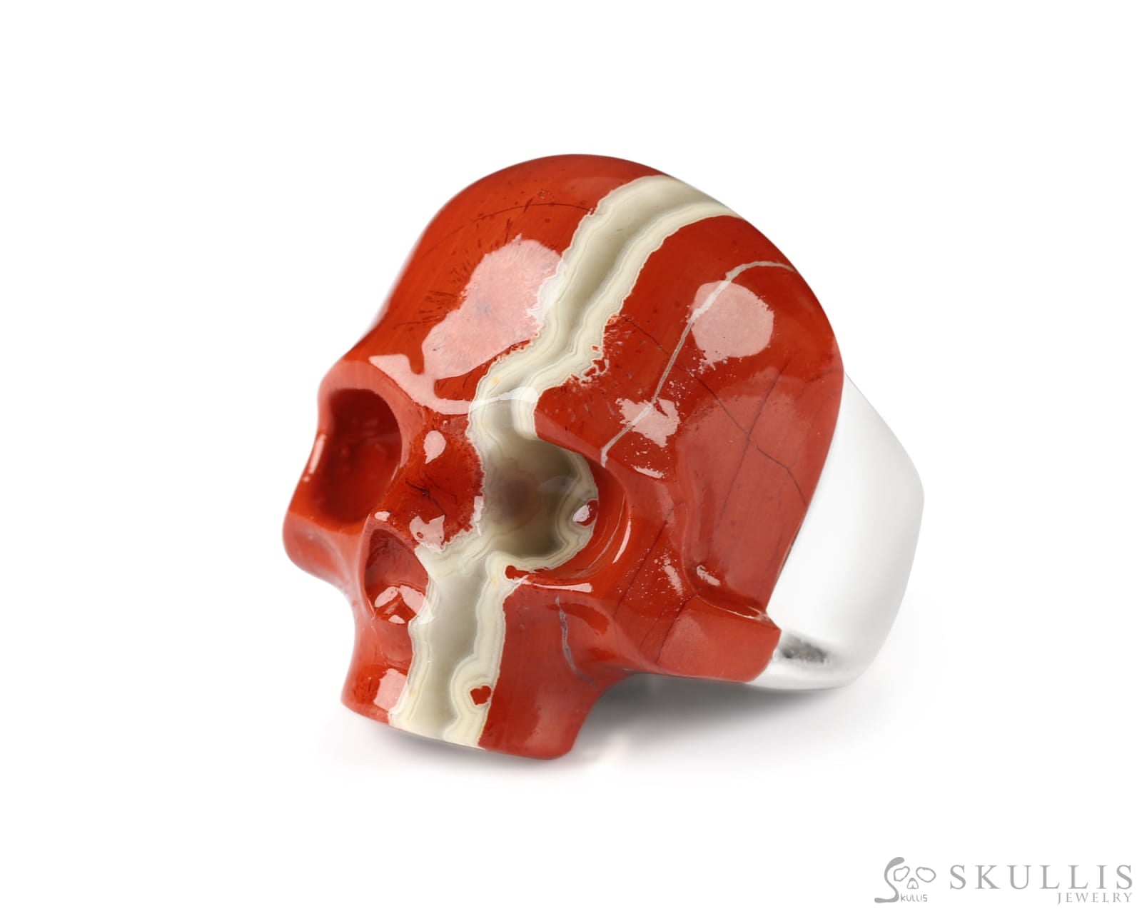 Skullis Signature Red Jasper Gem Skull Ring Hand Carved Sterling Silver for Women & Men Skull Rings