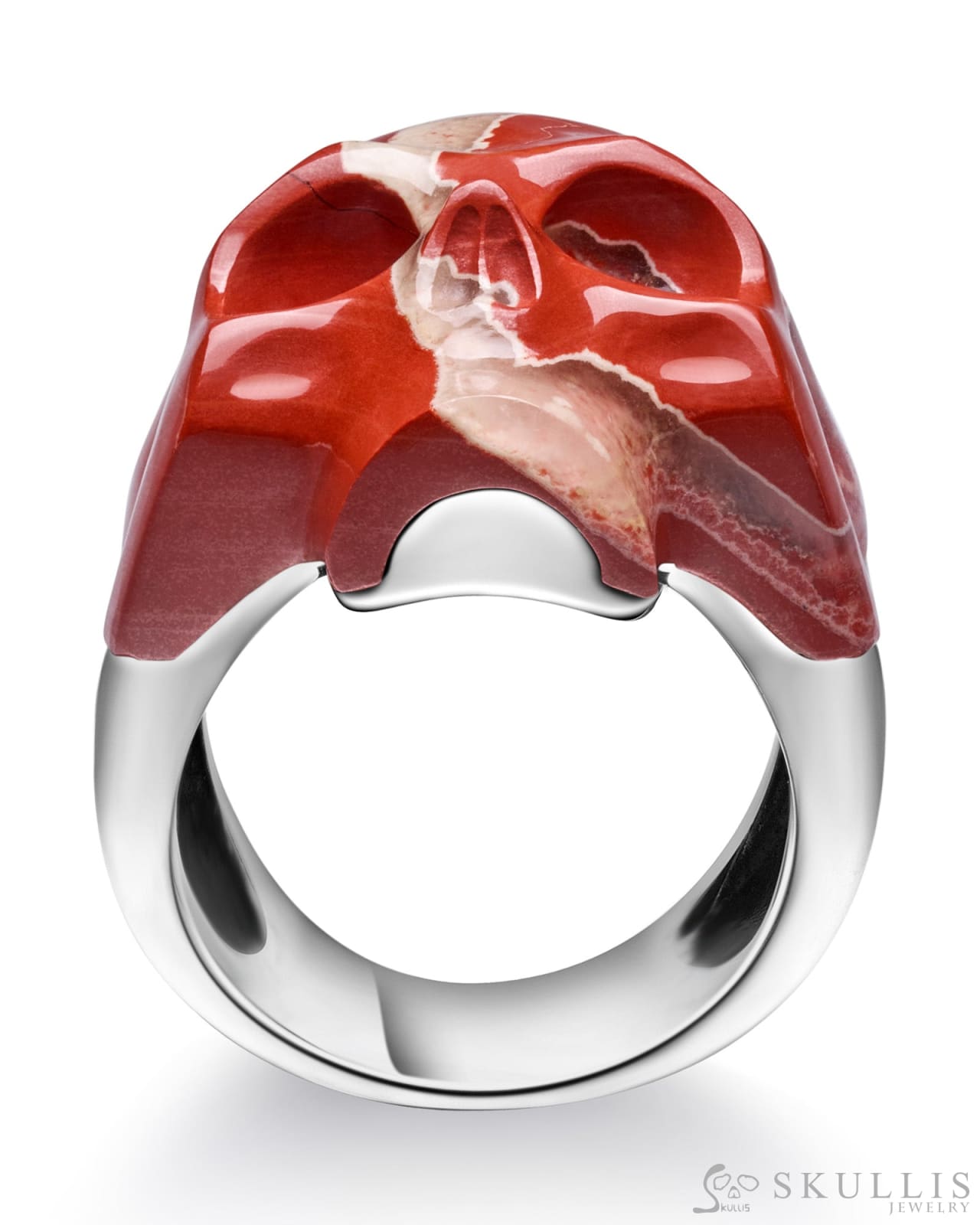 Skullis Signature Red Jasper Gem Skull Ring Hand Carved Sterling Silver For Women & Men Rings