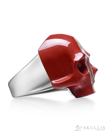 Skullis Signature Red Jasper Gem Skull Ring Hand Carved Sterling Silver for Women & Men Skull Rings