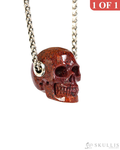 Skullis Signature Green Moss Agate Gem Skull Pendant or Necklace Hand Carved Sterling Silver 925 Chain for Women & Men