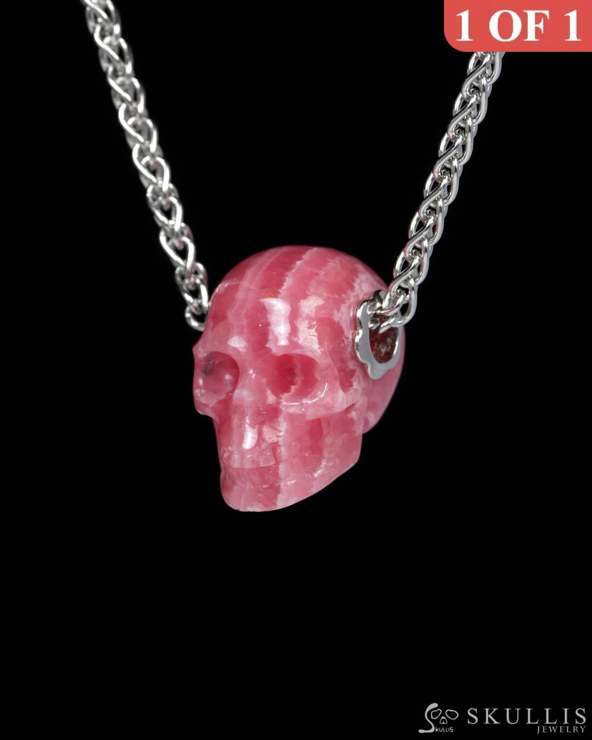 Skullis Signature Rhodochrosite Gem Skull Pendant or Necklace Hand Carved for Women & Men - Y9900180 Skull Pendants