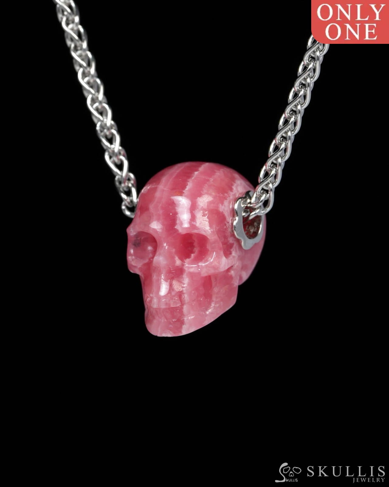 Skullis Signature Rhodochrosite Gem Skull Pendant or Necklace Hand Carved for Women & Men - Y9900180 Skull Pendants
