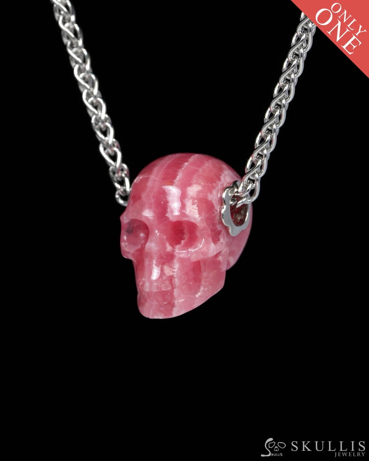 Skullis Signature Rhodochrosite Gem Skull Pendant or Necklace Hand Carved for Women & Men - Y9900180 Skull Pendants
