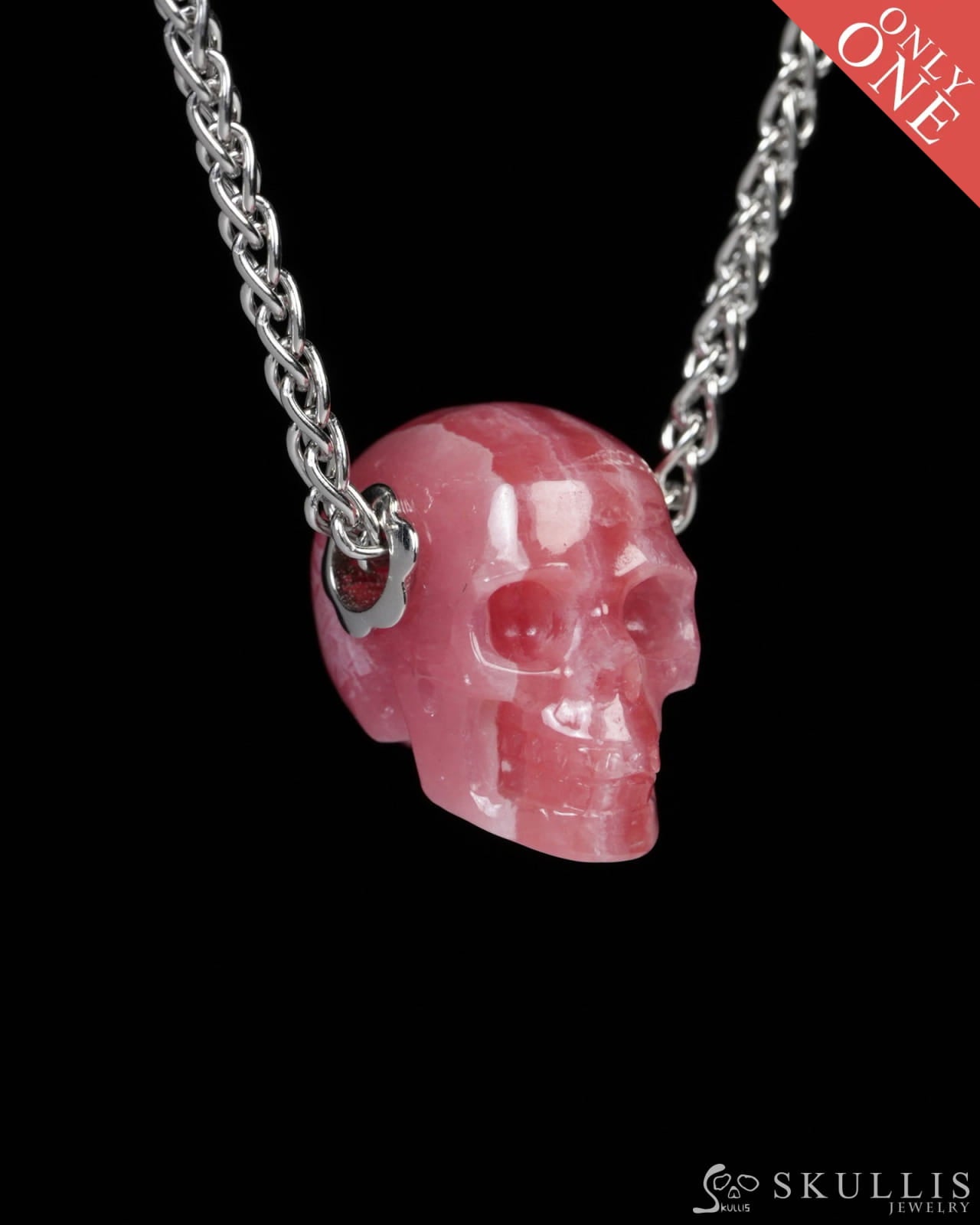 Skullis Signature Rhodochrosite Gem Skull Pendant or Necklace Hand Carved for Women & Men - Y9900181 Skull Pendants
