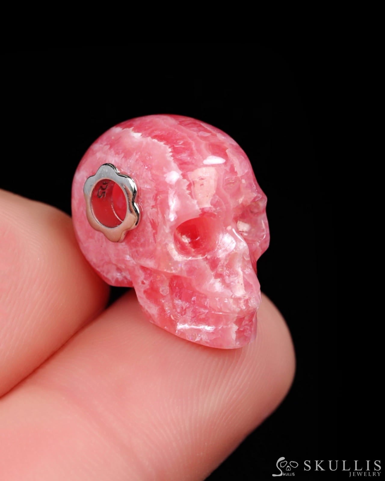 Skullis Signature Rhodochrosite Gem Skull Pendant or Necklace Hand Carved for Women & Men - ZR19500399 Skull Pendants