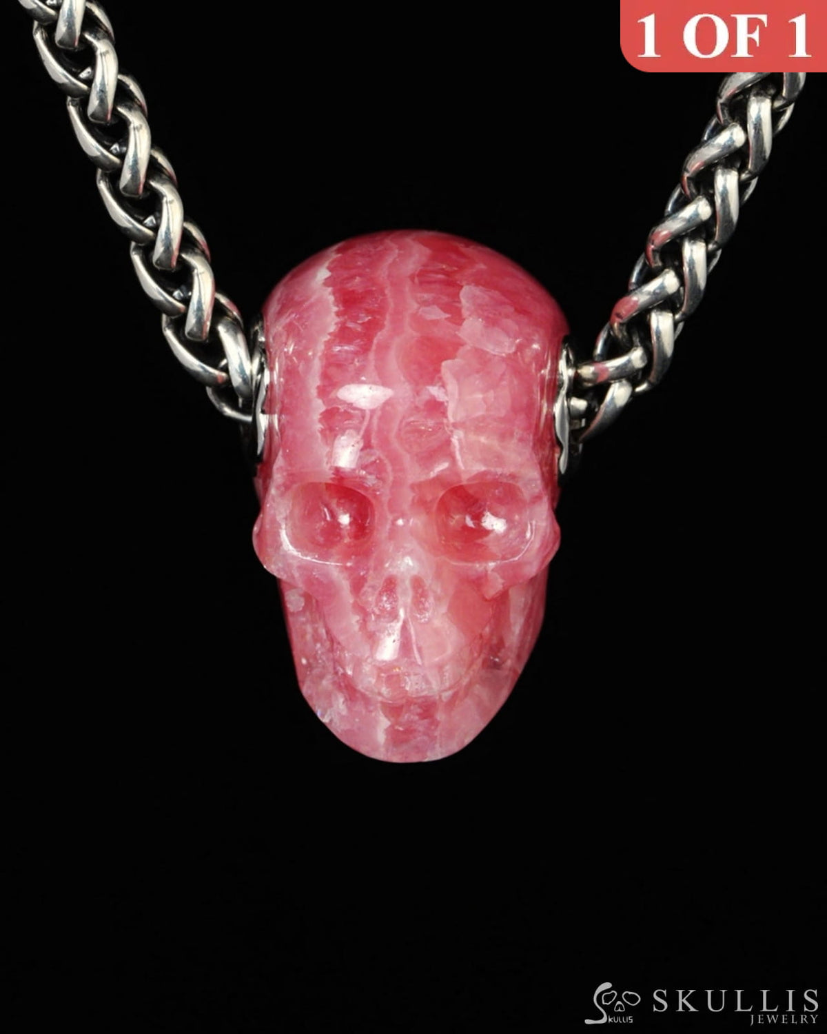 Skullis Signature Rhodochrosite Gem Skull Pendant or Necklace Hand Carved for Women & Men - ZR19500399 Skull Pendants
