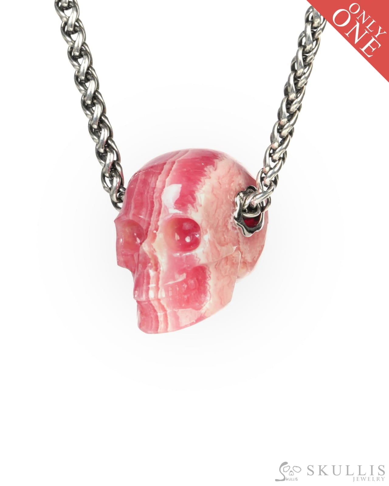 Skullis Signature Rhodochrosite Gem Skull Pendant or Necklace Hand Carved for Women & Men - ZR19900191 Skull Pendants