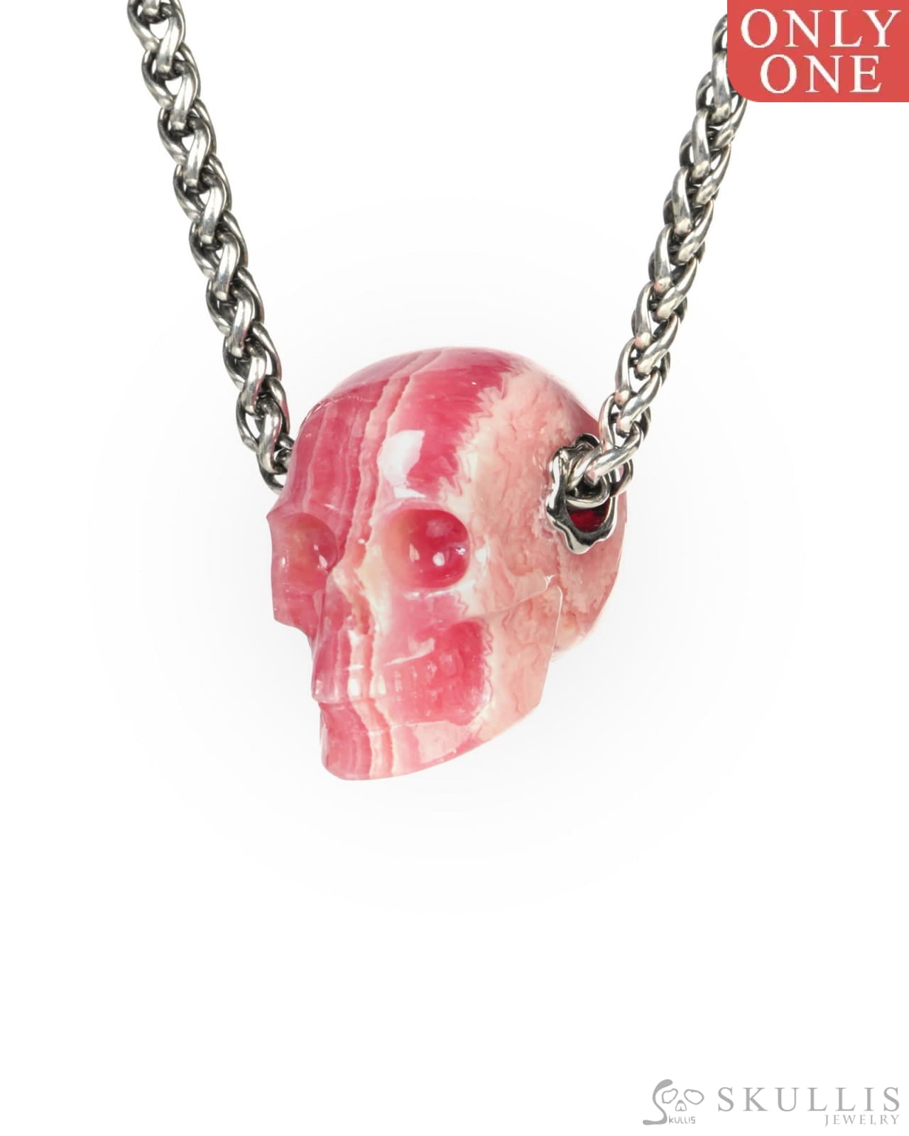 Skullis Signature Rhodochrosite Gem Skull Pendant or Necklace Hand Carved for Women & Men - ZR19900191 Skull Pendants