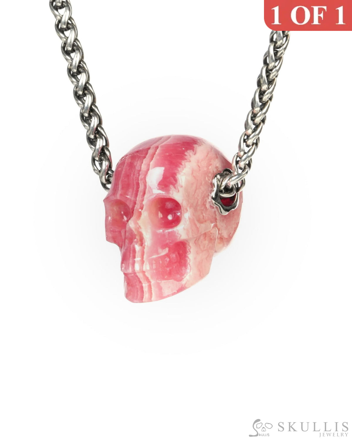 Skullis Signature Rhodochrosite Gem Skull Pendant or Necklace Hand Carved for Women & Men - ZR19900191 Skull Pendants
