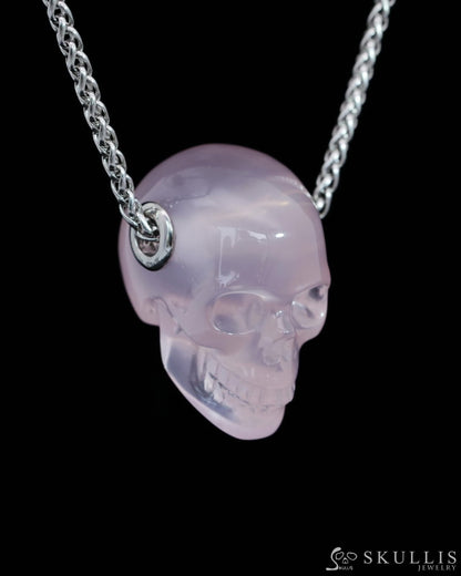 Skullis Signature Rose Quartz Gem Skull Pendant or Necklace Hand Carved Sterling Silver 925 Chain for Women & Men