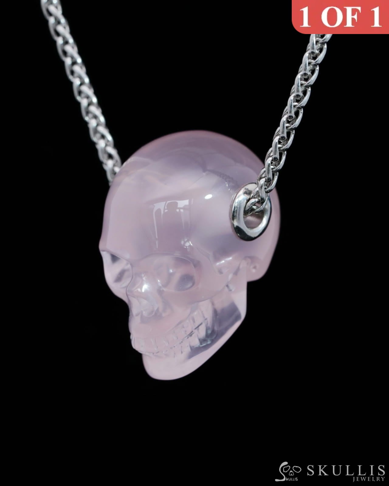Skullis Signature Rose Quartz Gem Skull Pendant or Necklace Hand Carved Sterling Silver 925 Chain for Women & Men