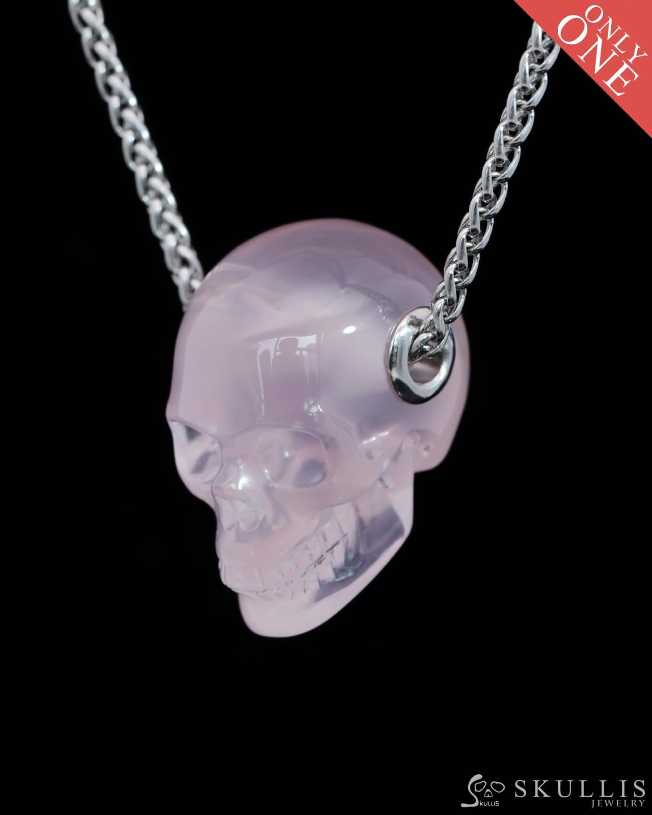 Skullis Signature Rose Quartz Gem Skull Pendant or Necklace Hand Carved Sterling Silver 925 Chain for Women & Men