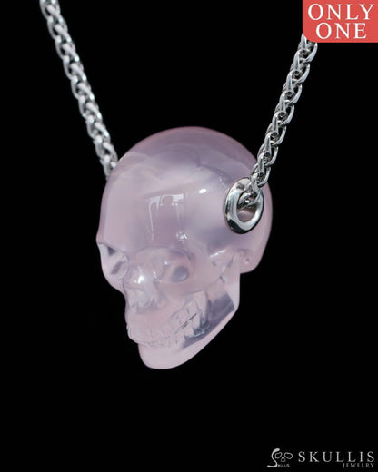 Skullis Signature Rose Quartz Gem Skull Pendant or Necklace Hand Carved Sterling Silver 925 Chain for Women & Men