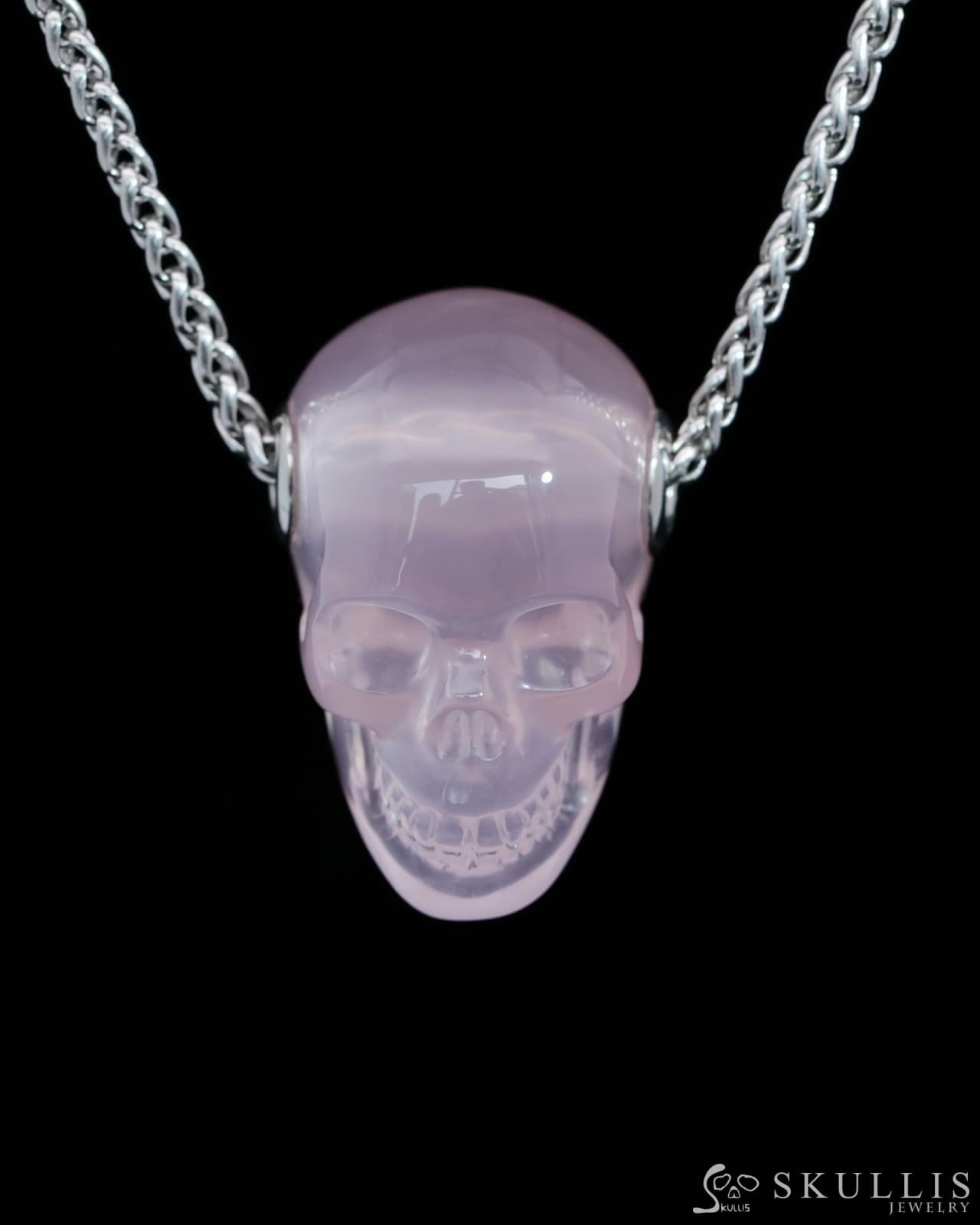 Skullis Signature Rose Quartz Gem Skull Pendant or Necklace Hand Carved Sterling Silver 925 Chain for Women & Men