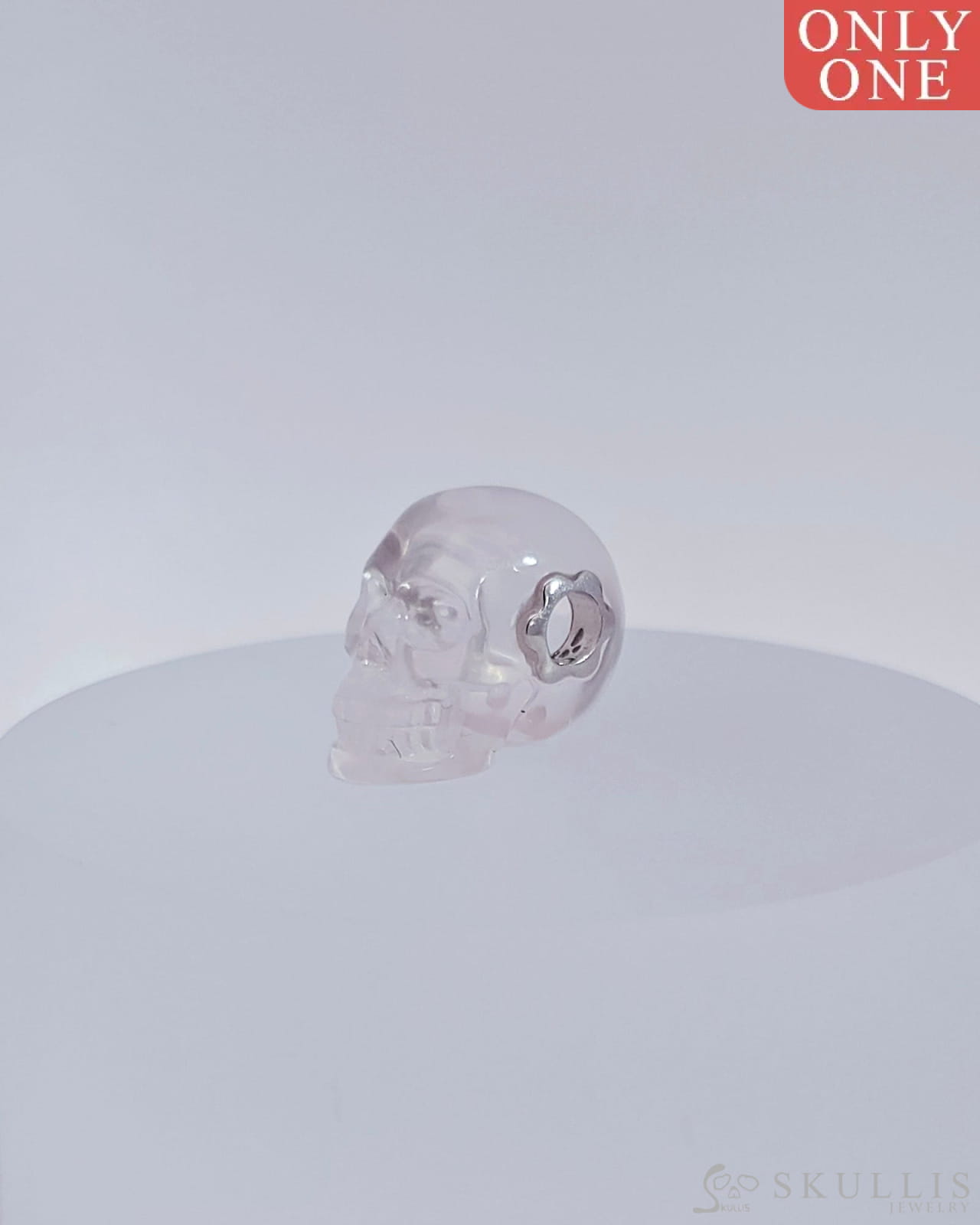 Gem Skull Pendant Necklace Of Milky Quartz Crystal Carved Skull With Detachable Silver Jaw