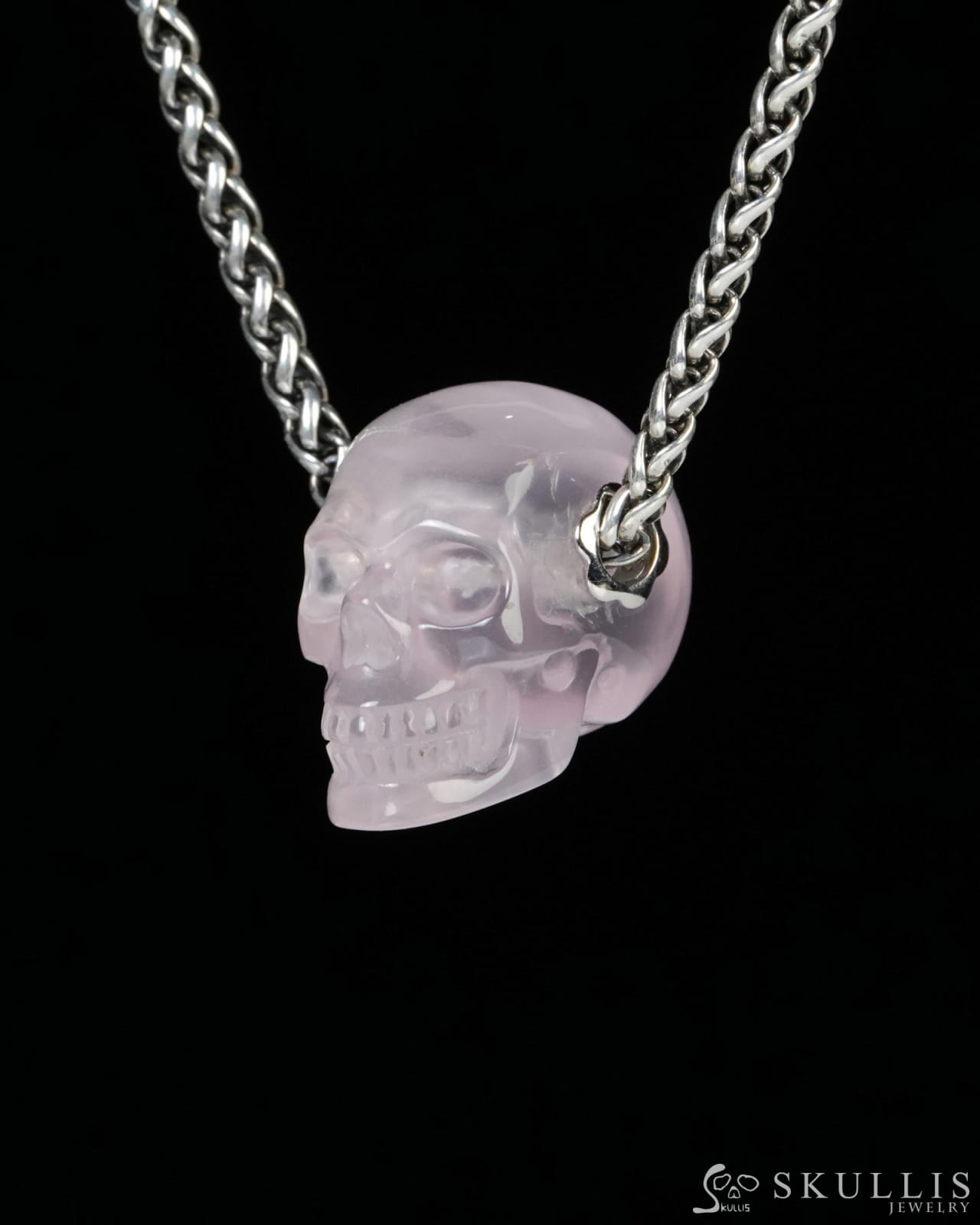 Skullis Signature Rose Quartz Gem Skull Pendant or Necklace Hand Carved for Women & Men - ZR19900189 Skull Pendants