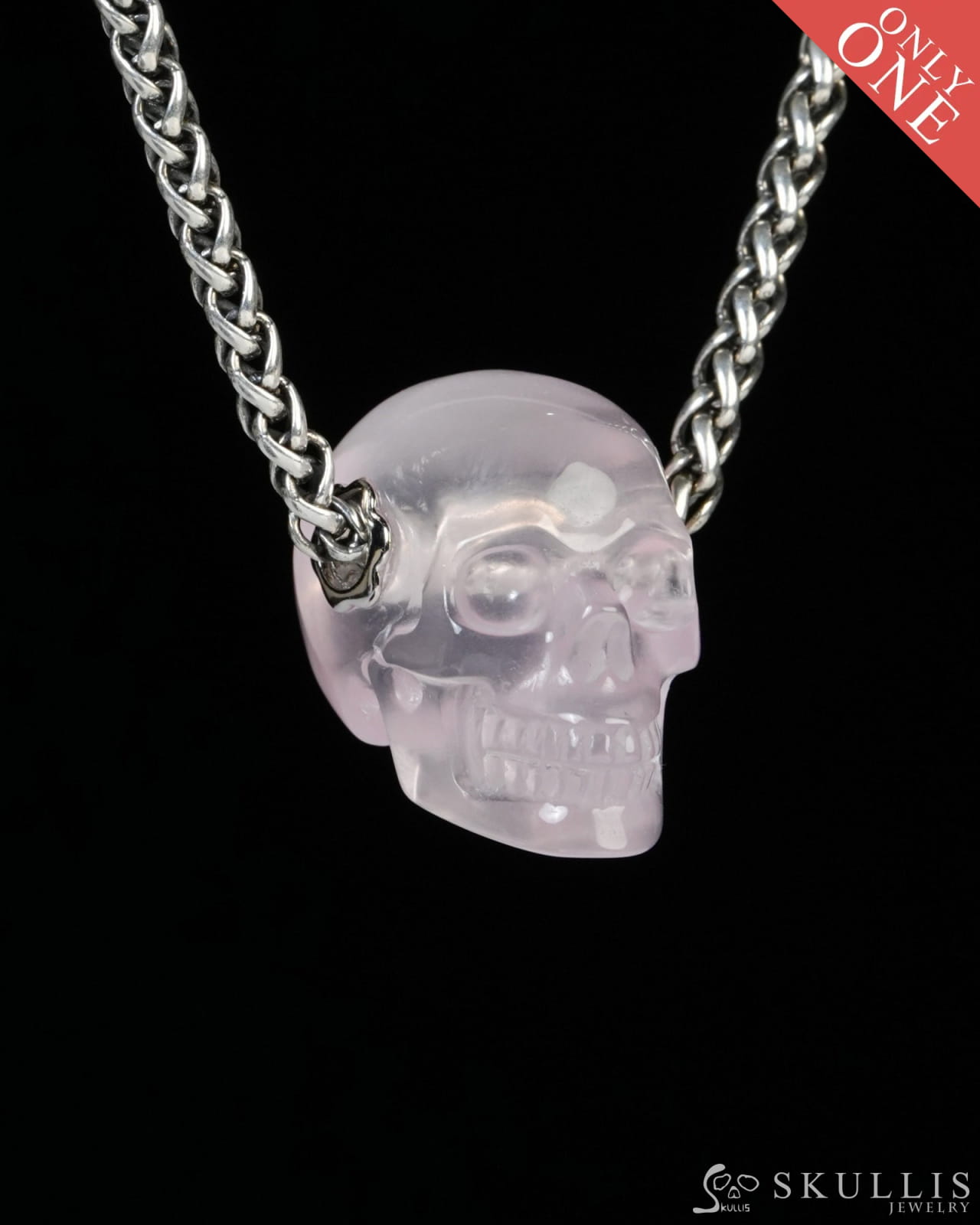 Skullis Signature Rose Quartz Gem Skull Pendant or Necklace Hand Carved for Women & Men - ZR19900189 Skull Pendants