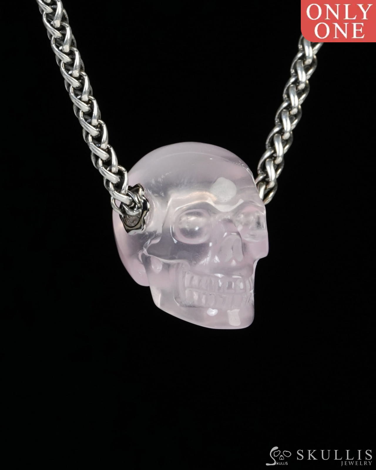 Skullis Signature Rose Quartz Gem Skull Pendant or Necklace Hand Carved for Women & Men - ZR19900189 Skull Pendants