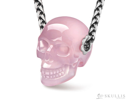 Skullis Signature Rose Quartz Gem Skull Pendant or Necklace Hand Carved Sterling Silver 925 Chain for Women & Men Skull