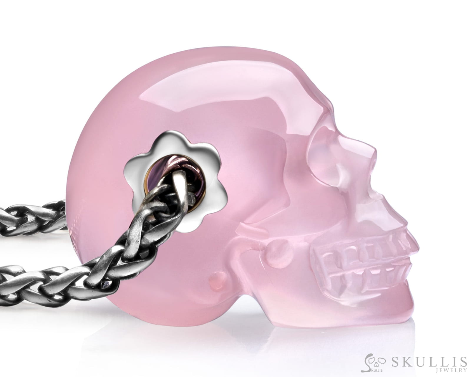 Gem Skull Pendant Necklace Of Rose Quartz Carved Skull Pendants