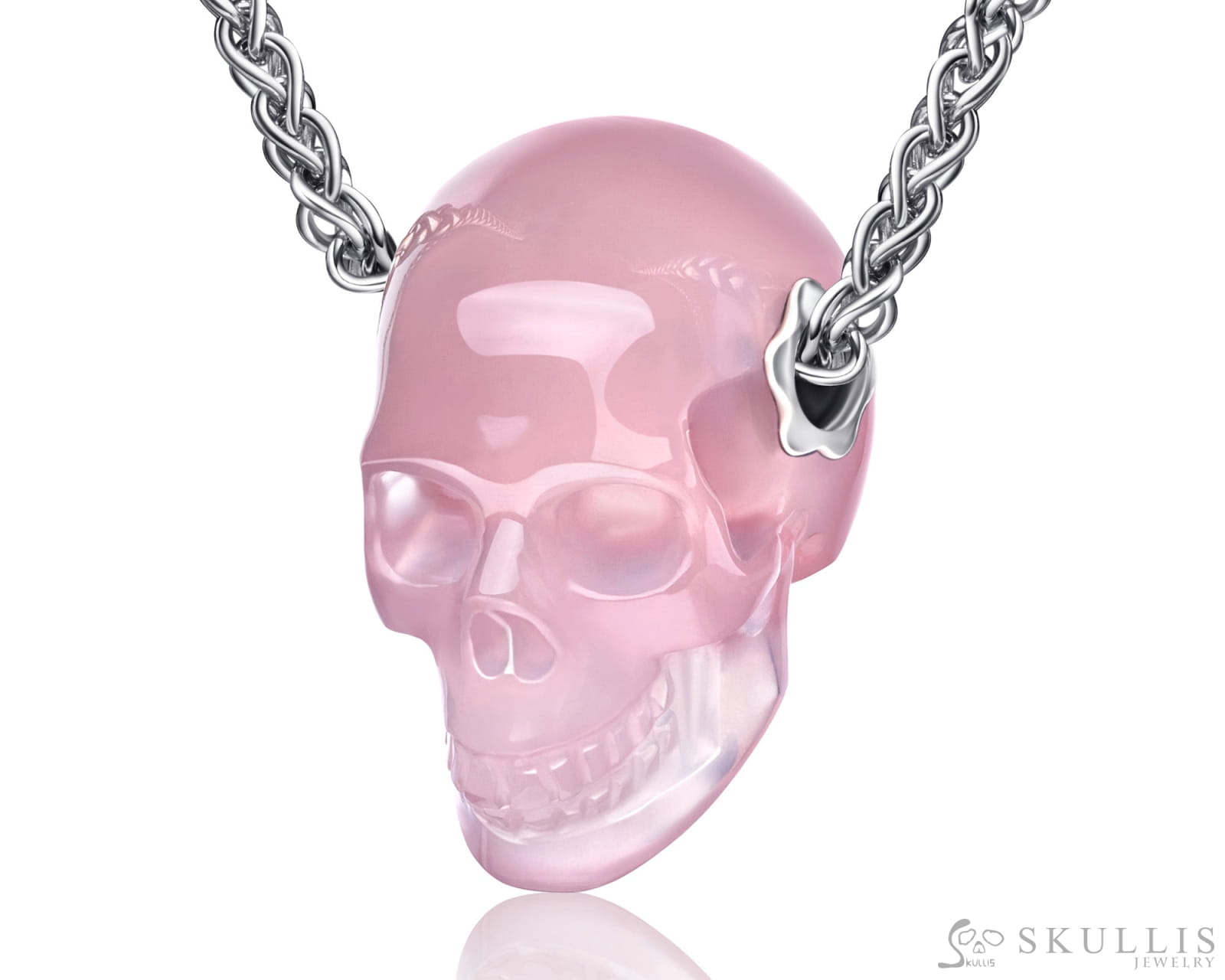 Gem Skull Pendant Necklace Of Rose Quartz Carved Skull Pendants