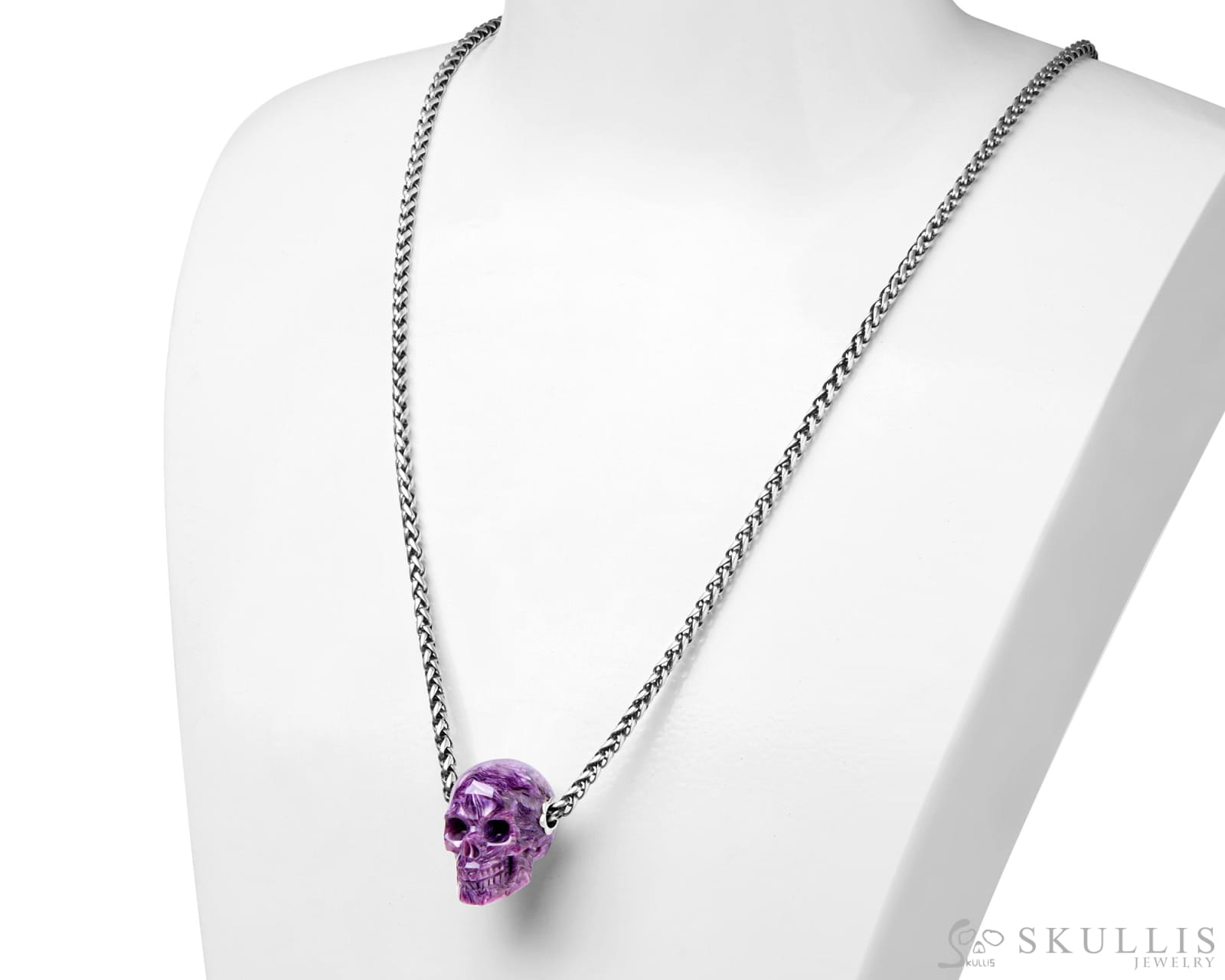 Skullis Signature Russian Charoite Gem Skull Pendant or Necklace Hand Carved Sterling Silver 925 Chain for Women & Men