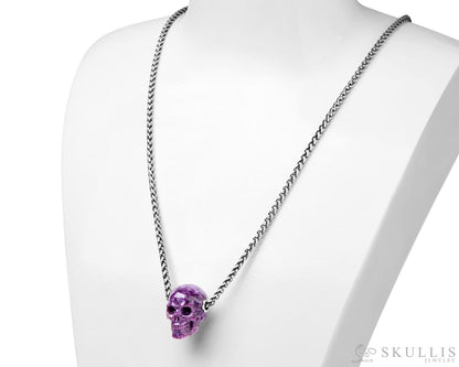 Skullis Signature Russian Charoite Gem Skull Pendant or Necklace Hand Carved Sterling Silver 925 Chain for Women & Men
