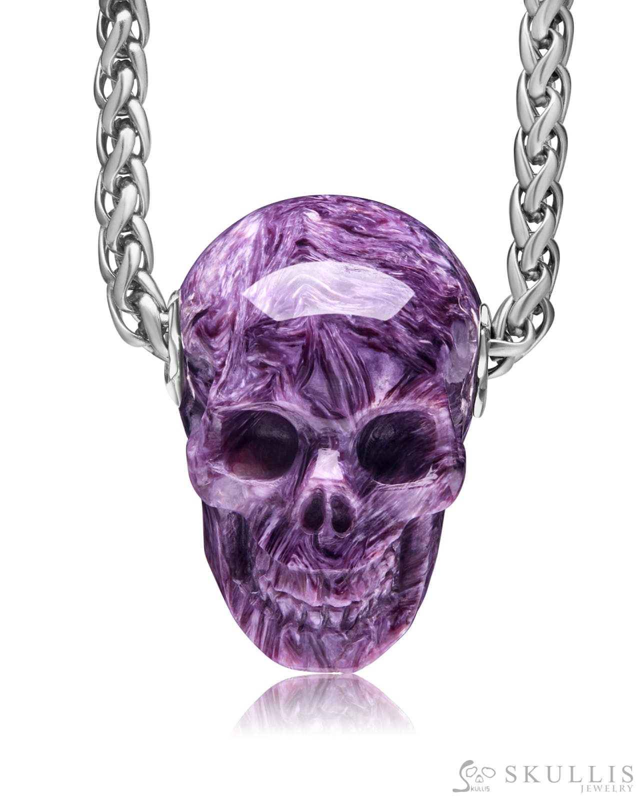 Skullis Signature Russian Charoite Gem Skull Pendant or Necklace Hand Carved Sterling Silver 925 Chain for Women & Men