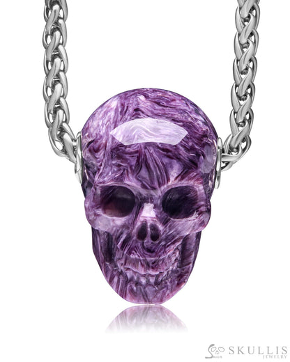 Skullis Signature Russian Charoite Gem Skull Pendant or Necklace Hand Carved Sterling Silver 925 Chain for Women & Men