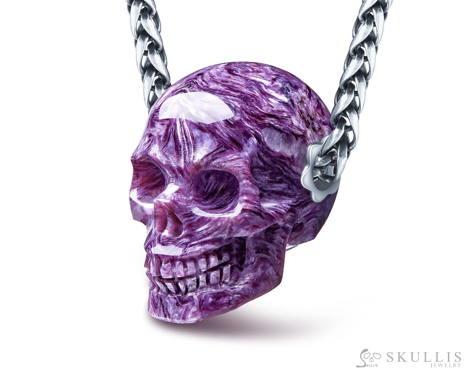 Skullis Signature Russian Charoite Gem Skull Pendant or Necklace Hand Carved Sterling Silver 925 Chain for Women & Men