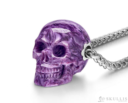 Skullis Signature Russian Charoite Gem Skull Pendant or Necklace Hand Carved Sterling Silver 925 Chain for Women & Men