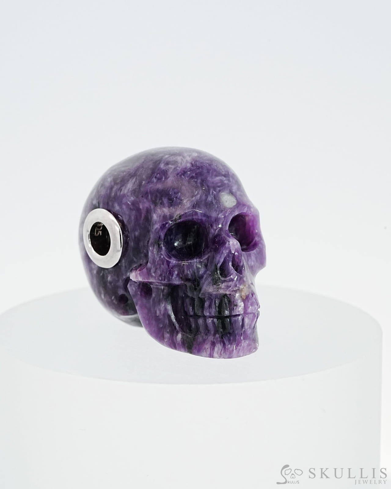 Skullis Signature Russian Charoite Gem Skull Pendant Or Necklace Hand Carved Sterling Silver 925