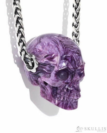 Skullis Signature Russian Charoite Gem Skull Pendant Or Necklace Hand Carved Sterling Silver 925