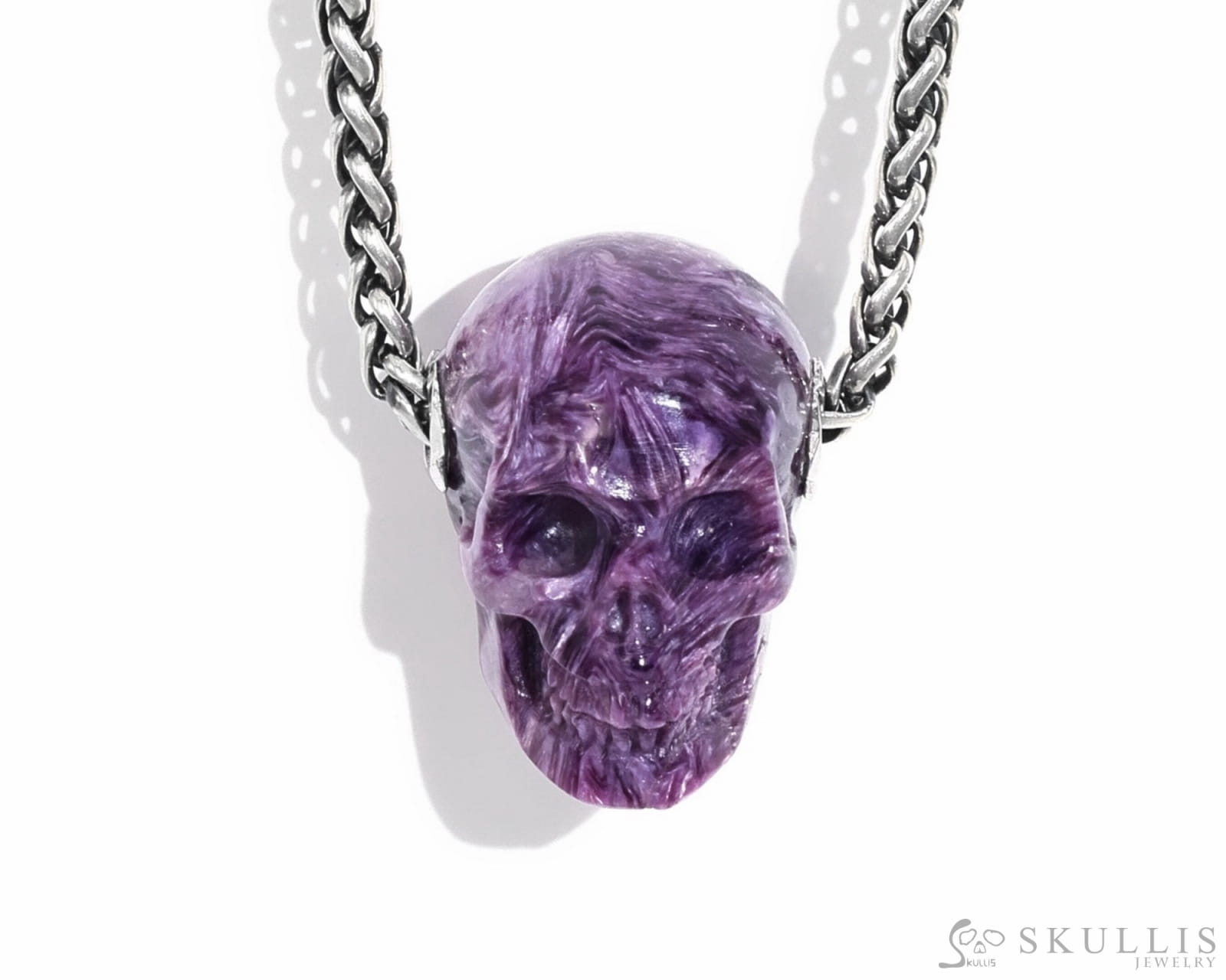 Skullis Signature Russian Charoite Gem Skull Pendant Or Necklace Hand Carved Sterling Silver 925