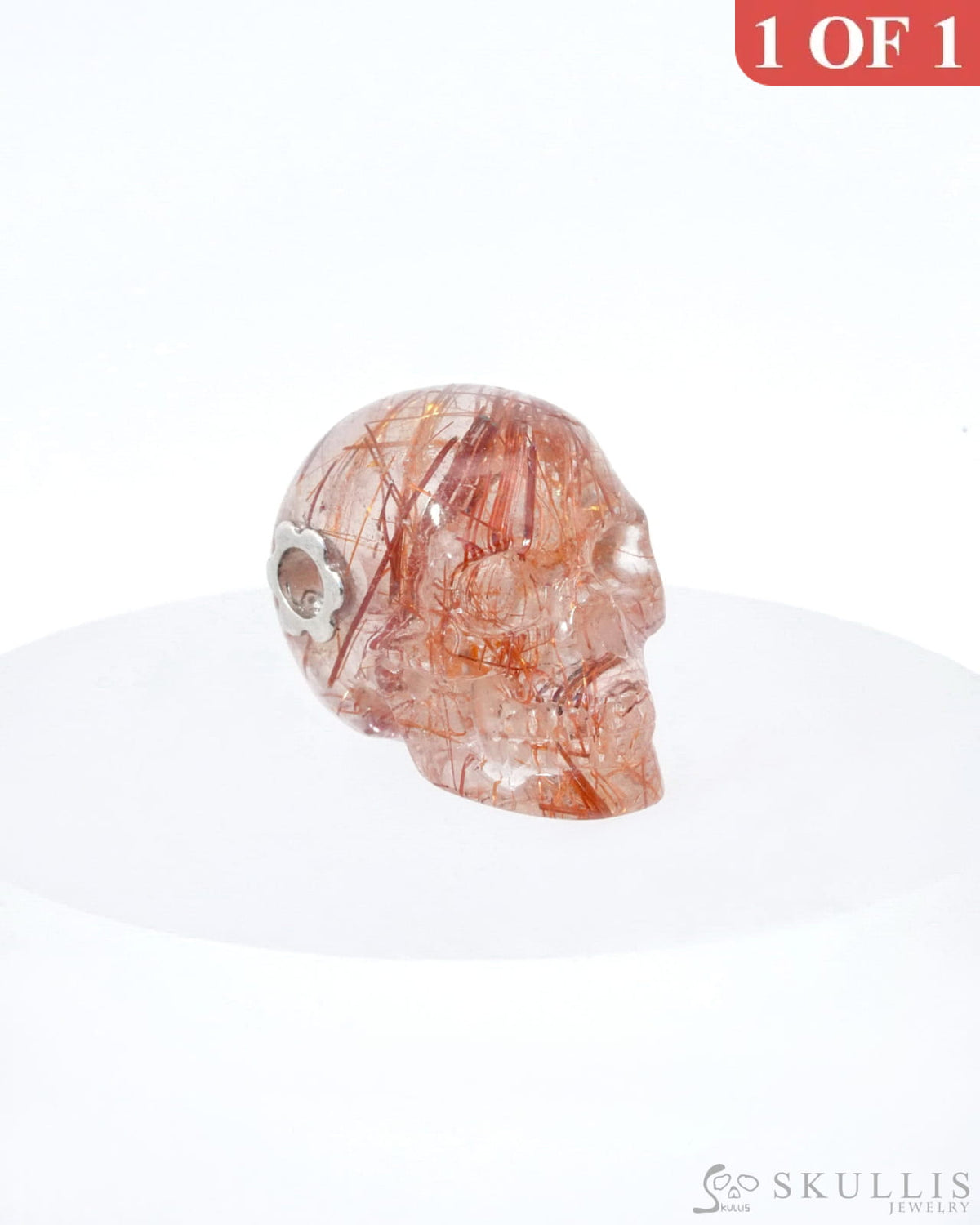 Skullis Signature Rutilated Quartz Rock Crystal Gem Skull Pendant or Necklace Hand Carved Sterling Silver 925 Chain for