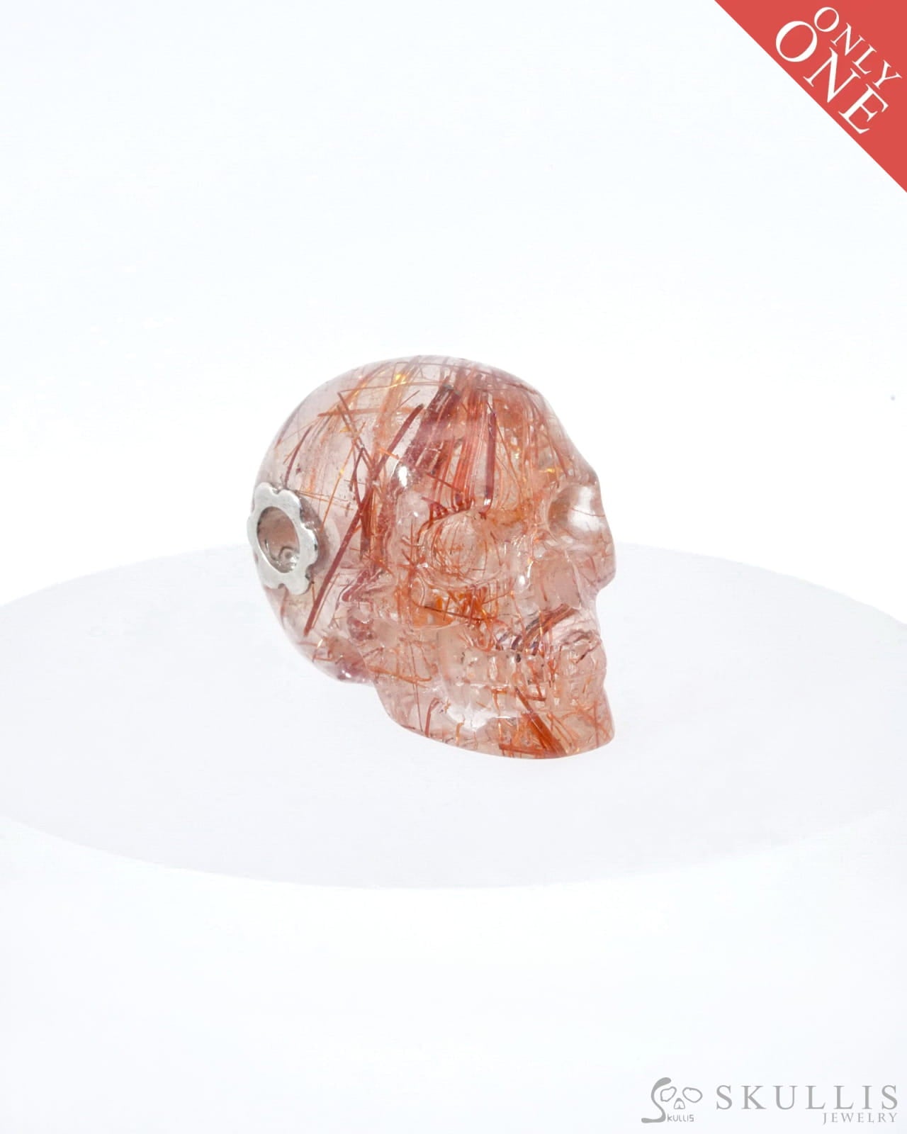 Skullis Signature Rutilated Quartz Rock Crystal Gem Skull Pendant or Necklace Hand Carved Sterling Silver 925 Chain for