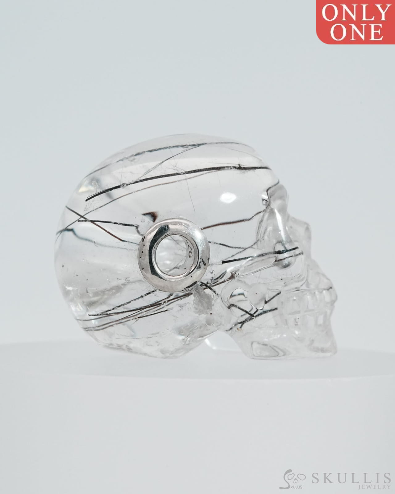 Skullis Signature Rutilated Quartz Rock Crystal Gem Skull Pendant Or Necklace Hand Carved Sterling