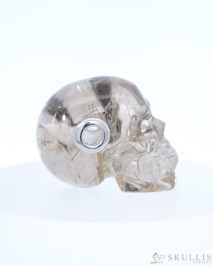 Skullis Signature Rutilated Quartz Rock Crystal Gem Skull Pendant or Necklace Hand Carved for Women & Men - 9800222