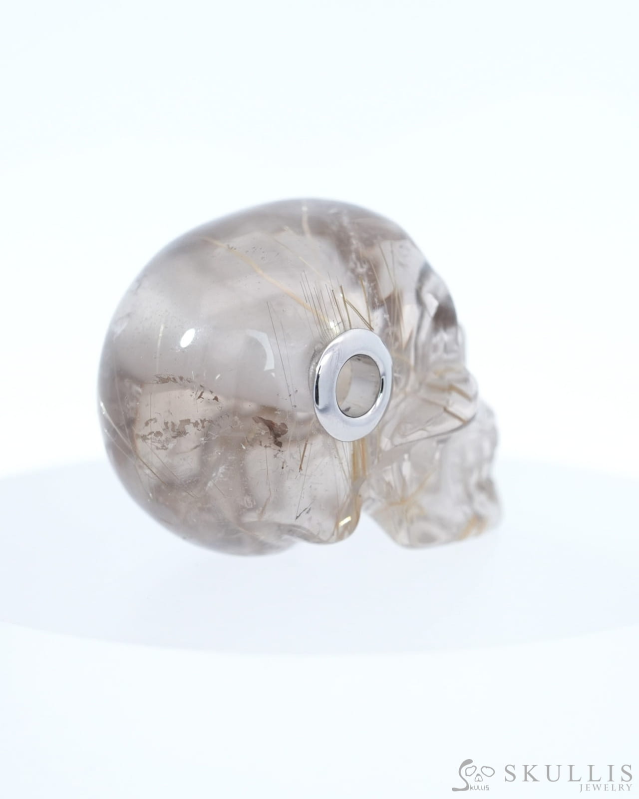 Skullis Signature Rutilated Quartz Rock Crystal Gem Skull Pendant or Necklace Hand Carved Sterling Silver 925 Chain for